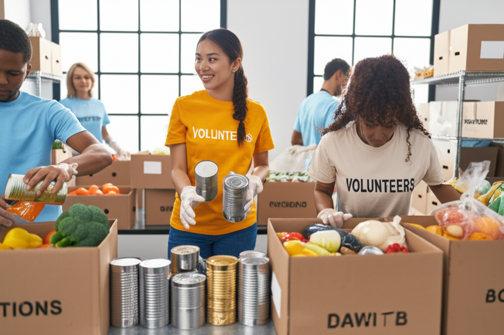 Food bank volunteers sorting donations
